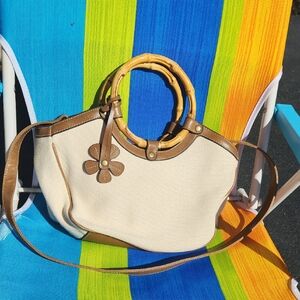 ✨️Relic Cream Canvas Shoulder Bag with Brown Leather Trim & Bamboo Handles